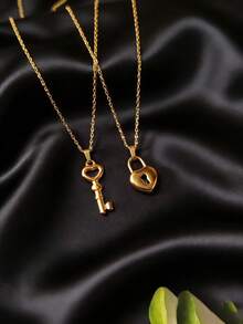 1件套情侣钥匙锁吊坠套装 - 不锈钢情侣项链，象征爱与承诺，独特的订婚结婚礼物 - 金色 - 查看 1