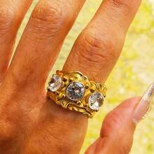 VKHK 1pc 18K Gold Plated Stainless Steel Asymmetrical Textured Ring With Shiny Zirconia Stones, Suitable For Women's Daily And Wedding Wear, Gift - Diamond Ring - View 2