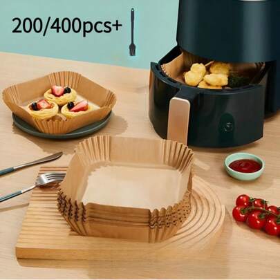 مجموعة 200/400 قطعة مع فرشاة سيليكون للزيت، حل لمدة عام كامل، بطانات ورقية مربعة للقلاية الهوائية (6.3 بوصة)، سلال ورقية للقلاية الهوائية، صواني خبز، ملحقات فرن، أدوات خبز، أدوات مطبخ، أواني مطبخ