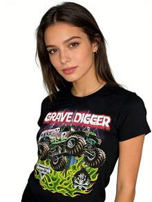 Monster Jam Monster Truck Graphic Print Vintage T-Shirt, Casual Short Sleeve Crew Neck Tee, Women's Streetwear - 黑色 - 查看 1