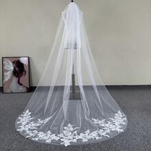 1pc Floral Print Tulle Wedding Veil, Long Cathedral Length Soft Tulle Metal Comb Bridal Headpiece, Autumn Bridal Accessories For Women - Multicolor - View 7