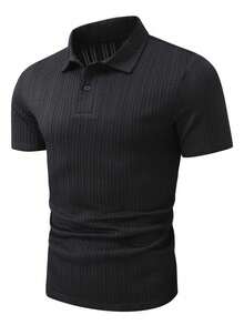 男士复古硬币图案纹理纯色短袖 Polo 衫 - 黑色 - 查看 4