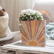 1pc 5*5inch(12.4*12.4cm) Boho Desk Decor - Retro Neutral Sunrise Sunset Sunshine Rustic Wood Block Plaque Box Sign For Bohemian Home Office Dorm Wall Tabletop Shelf Decorations - 1PC - 查看 2