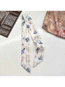Chinese Style Ink Painting Bird And Flower Hairband Hair Tie - Multifunctional Hair Accessory, Full Traditional Bird And Flower Pattern, Suitable For Calligraphy Practice And Daily Wear (Hand Washable) - 藍色蝴蝶 - 查看 3