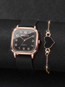 4pcs/Set Women's Silicone Square Watch With Numeric Dial, Classic Quartz Wristwatch + Heart-Shaped Bracelet (Watch Box Not Included) - Multicolor - View 6