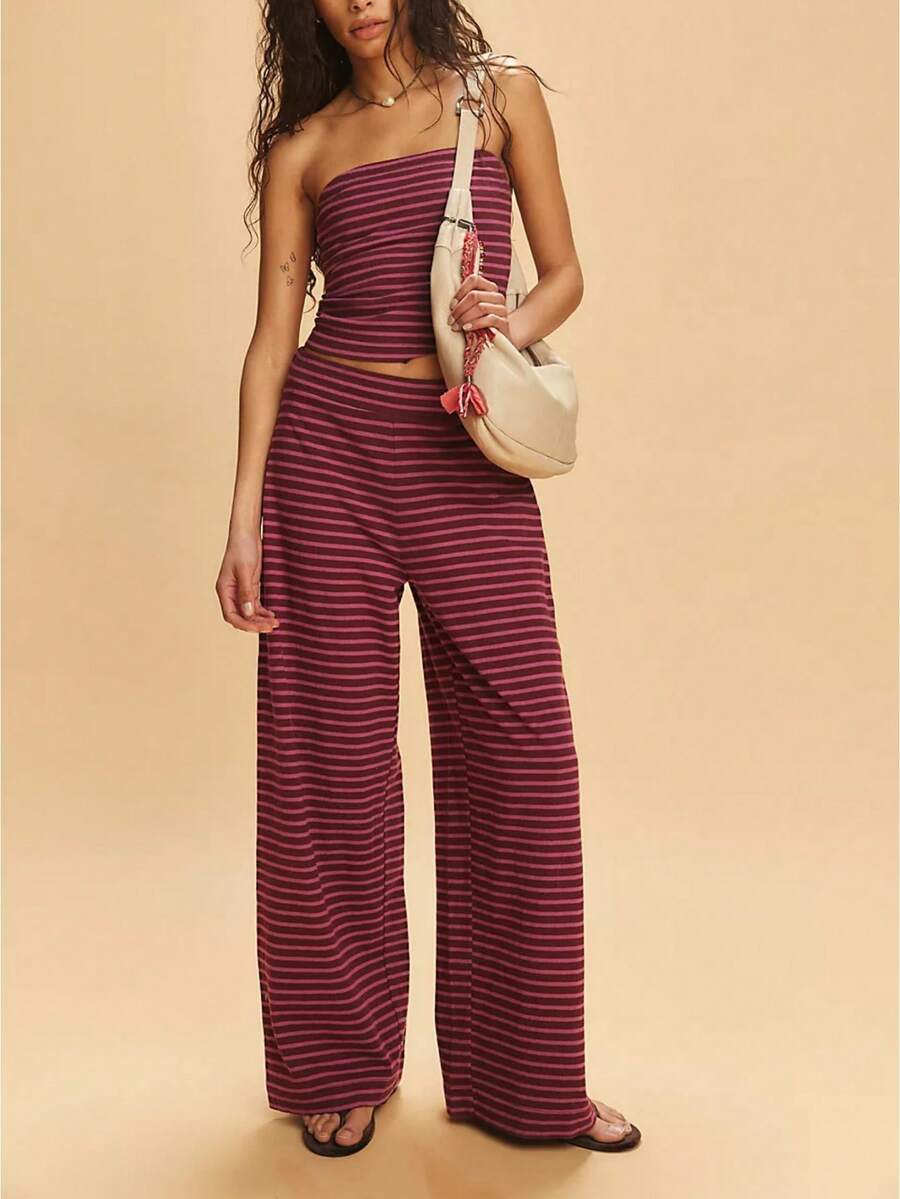 Women's 2 Piece Striped Sets Strapless Crop Top Elastic Waist Wide Leg Long Pants Y2k Casual Comfy Loungewear Set Summer Streetwear Vacation Outfit - 紅色 - 查看 1