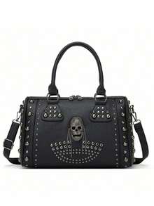 Borsa Boston da donna in stile punk con teschio e borchie, borsa a tracolla dallo stile unico e dark da biker - nero - Visualizzare 3