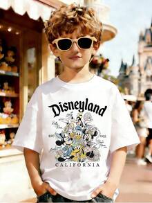 Disney Easter Signature T-Shirt, Featuring Mouse, Minnie Mouse, Donald Duck,CALIFORNIA EST.1955 Print T-Shirt, Vintage Yet Lively, Fully Immersing In The Festive Atmosphere Print - Children's Loose White Short Sleeve Print Pattern Summer Tops,Short-Sleeved Casual And Cute Style  Children's Clothing Design, Boy Clothes For Kids ,Ropa Para Niños,Boy Clothes For Kids,Graphic Tee, Summer Clothes,Perfect For Cool Boy. Comfortable And Breathable Children's Short-Sleeved T-Shirt. Comfortable And Casual Wear All Year Round 180g Pure Cotton Children's Clothes,Comfortable & Lightweight, Iconic Print For Mix-And-Match Outfits,Suitable For Both Boys And Girls. - White - View 1