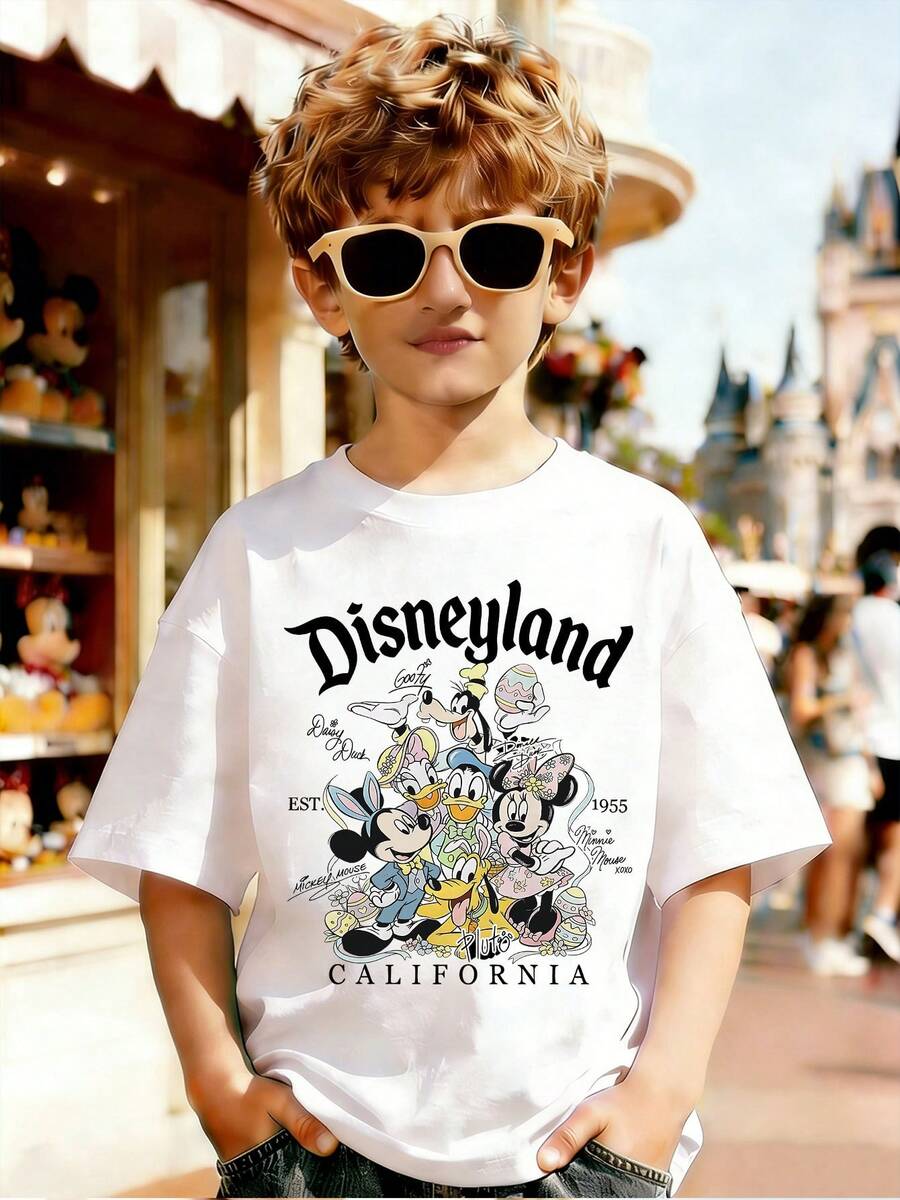 Disney Easter Signature T-Shirt, Featuring Mouse, Minnie Mouse, Donald Duck,CALIFORNIA EST.1955 Print T-Shirt, Vintage Yet Lively, Fully Immersing In The Festive Atmosphere Print - Children's Loose White Short Sleeve Print Pattern Summer Tops,Short-Sleeved Casual And Cute Style Children's Clothing Design, Boy Clothes For Kids ,Ropa Para Niños,Boy Clothes For Kids,Graphic Tee, Summer Clothes,Perfect For Cool Boy. Comfortable And Breathable Children's Short-Sleeved T-Shirt. Comfortable And Casual Wear All Year Round 180g Pure Cotton Children's Clothes,Comfortable & Lightweight, Iconic Print For Mix-And-Match Outfits,Suitable For Both Boys And Girls. - White - View 1