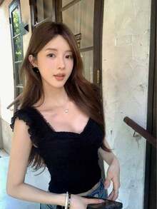 浪漫蕾丝弹力短款上衣，休闲百搭设计，显瘦黑色 - 黑色 - 查看 2