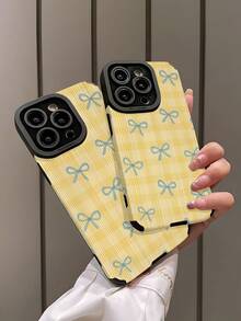 1pc Minimalist Yellow Plaid Bow Pattern Vertical Stripe Faux Leather Soft Protective Phone Case, Suitable As Gift For Friends And Lovers, Compatible With IPhone And 17/17AIR/17PRO/17PROMAX - Multicolor - View 4