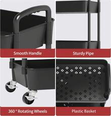 Sywhitta 3-Tier Plastic Rolling Utility Cart With Handle, Multi-Functional Storage Trolley For Office, Living Room, Kitchen, Movable Storage Organizer With Wheels, Black - 黑色 - 查看 3