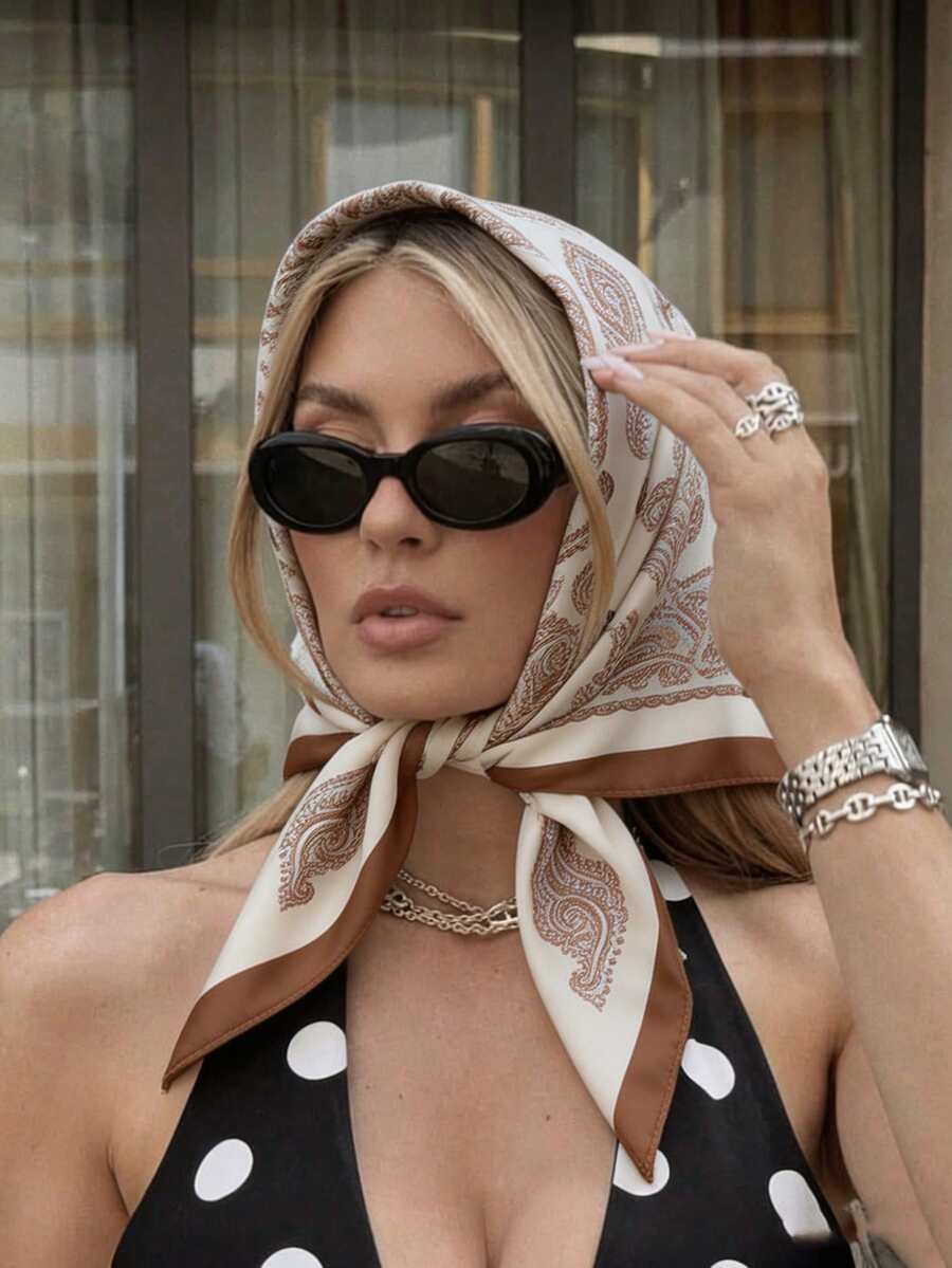 1条休闲波点印花70厘米方巾，新款春秋季女士头巾，多功能腰带、头巾、头饰、时尚领巾 - 卡其色 - 查看 1