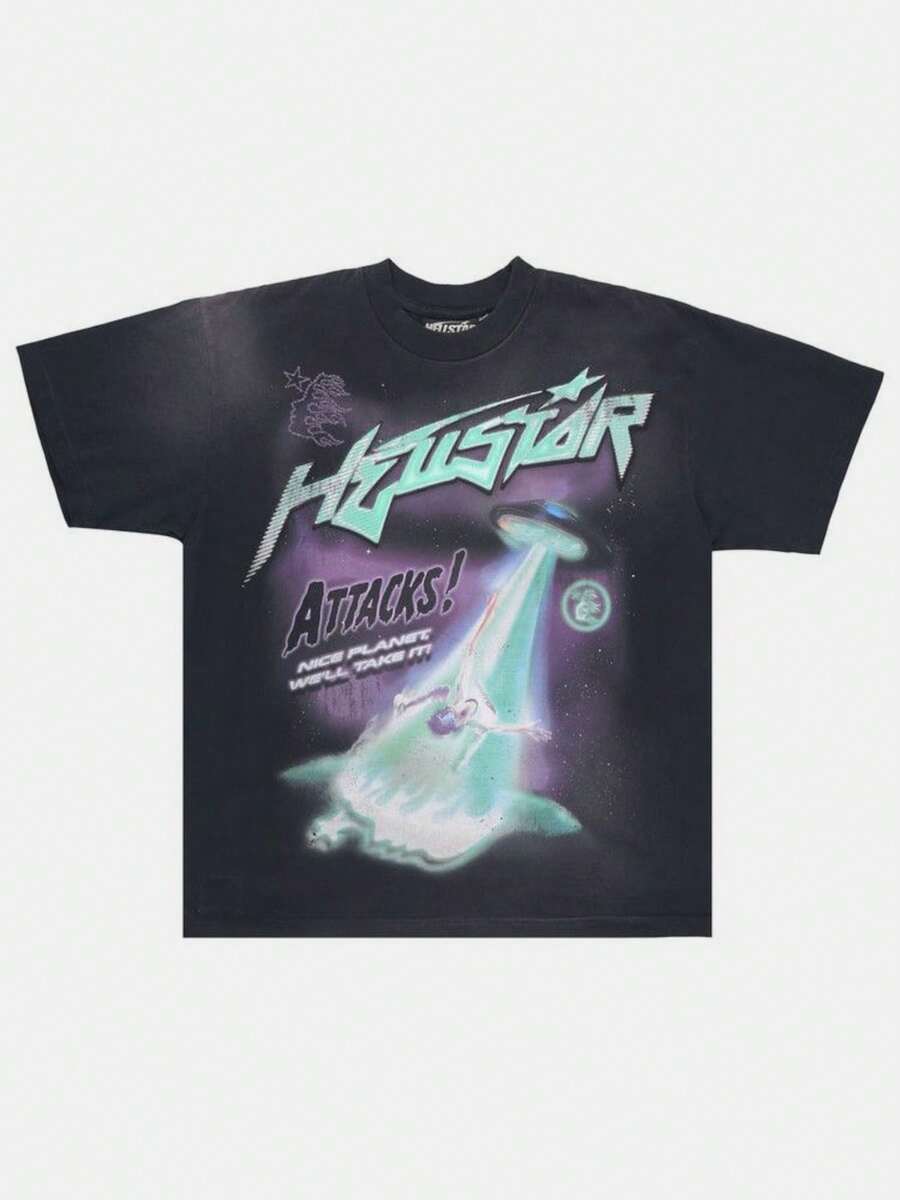 Plus Size Hellstars UFO  Y2K Graphic T-Shirt,220g 100% Cotton,Round Neck Short Sleeve,Black Streetwear Essential For Summer Going Out,Unisex Style - Black - View 1