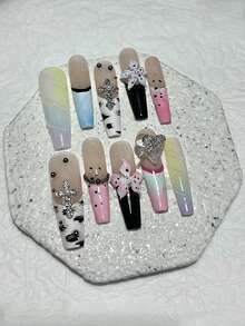 10片装多巴胺岛法式手工按压式美甲贴片，3D浮雕花朵长款假指甲，带钻石装饰，夏季海滩必备美甲用品（1片果冻贴纸+1个指甲锉） - 彩色 - 查看 3