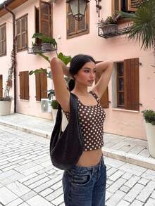 Polka Dot Print Sleeveless U-Neck Fashionable Fitted Cropped Tank Top Casual Summer - Brown - View 5