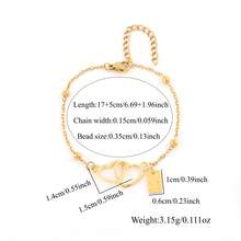 1 pieza Nuevo brazalete clásico de acero inoxidable dorado con colgante rectangular de inicial y doble corazón para mujeres - Amarillo Oro - Ver 2