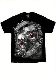Smile Now Cry Later Drama Mask Lowrider Chicano Art David Gonzales DGA T ShirtGraffiti Sportsman Casual Loose Printed 100% Cotton T-Shirt - Black - View 6
