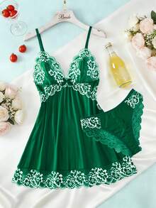 2 piezas Conjunto de ropa de dormir con encaje floral en contraste, camisón semitransparente con cuello en V y lazo, pijama elegante para mujer - Verde - Ver 8