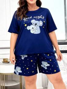 Conjunto de pijama para mujer talla grande, estampado de koalas de dibujos animados en azul marino, de manga corta y pantalón corto, suelto y cómodo, adecuado para el verano - Azul - Ver 5