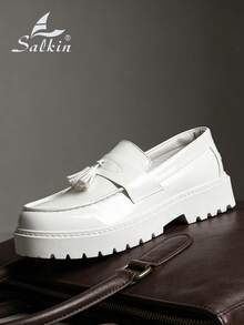 Salkin New Fashion Designer Men's Slip-On Loafers With Tassels, Elegant Gentleman Social Shoes, Glossy Patent Leather, Soft & Comfortable, Pearl White Color, Casual Daily Wear, Back To School Student Style, Thick Sole Height Increasing, Business Formal Dress Shoes, Suitable For Office, Party, Wedding, Holiday Gift, Spring/Summer/Autumn, Size Runs Small, Please Order One Size Up - White - View 3