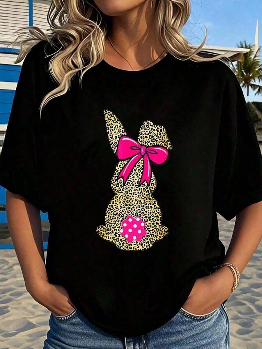 Camiseta de Conejo de Pascua Coqueta con Lazo de Leopardo para Hombres y Mujeres 2026, nuevas camisetas impresas para mujeres, estilos populares, camisetas de primavera para mujeres, camisetas de invierno, camisetas de para mujeresás vendidas - Negro - Ver 1