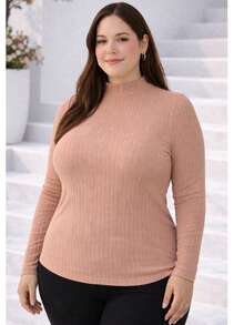 Women's Plus Size Long Sleeve Blouse With Medium High Ribbed Neck, Premium Comfortable Viscose - Marrón Mocha - Ver 4
