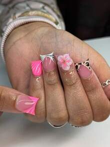 24片长款粉色豹纹法式美甲贴纸，3D凝胶花瓣，内置钢珠设计，完美贴合亚克力指甲，包含1片果冻凝胶和1个指甲锉，适合女性和女孩日常、节日派对等场合使用。 - 彩色 - 查看 10