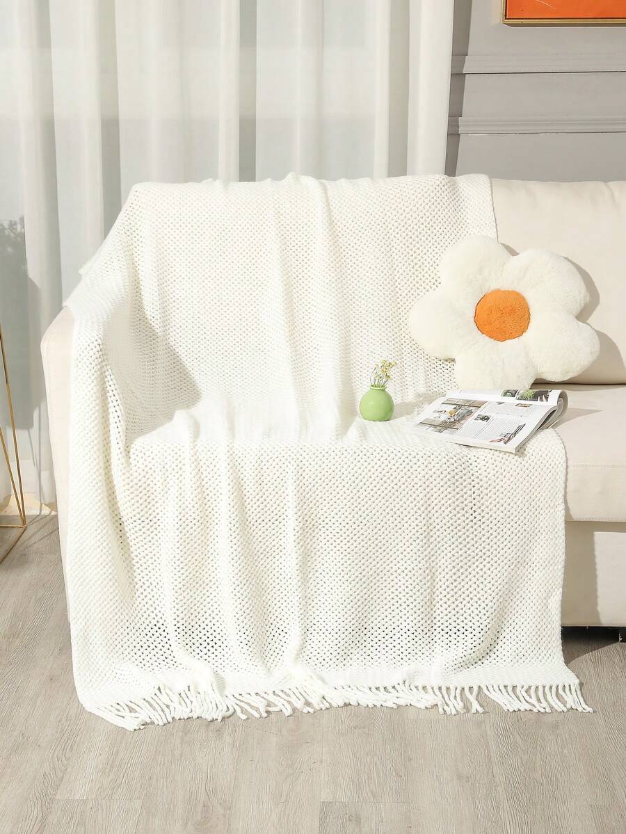 1pc Knitted Throw Blanket, Casual Nap Blanket With Tassels For Bed, Living Room, Sofa, Chair - White Mesh Scarf - View 1