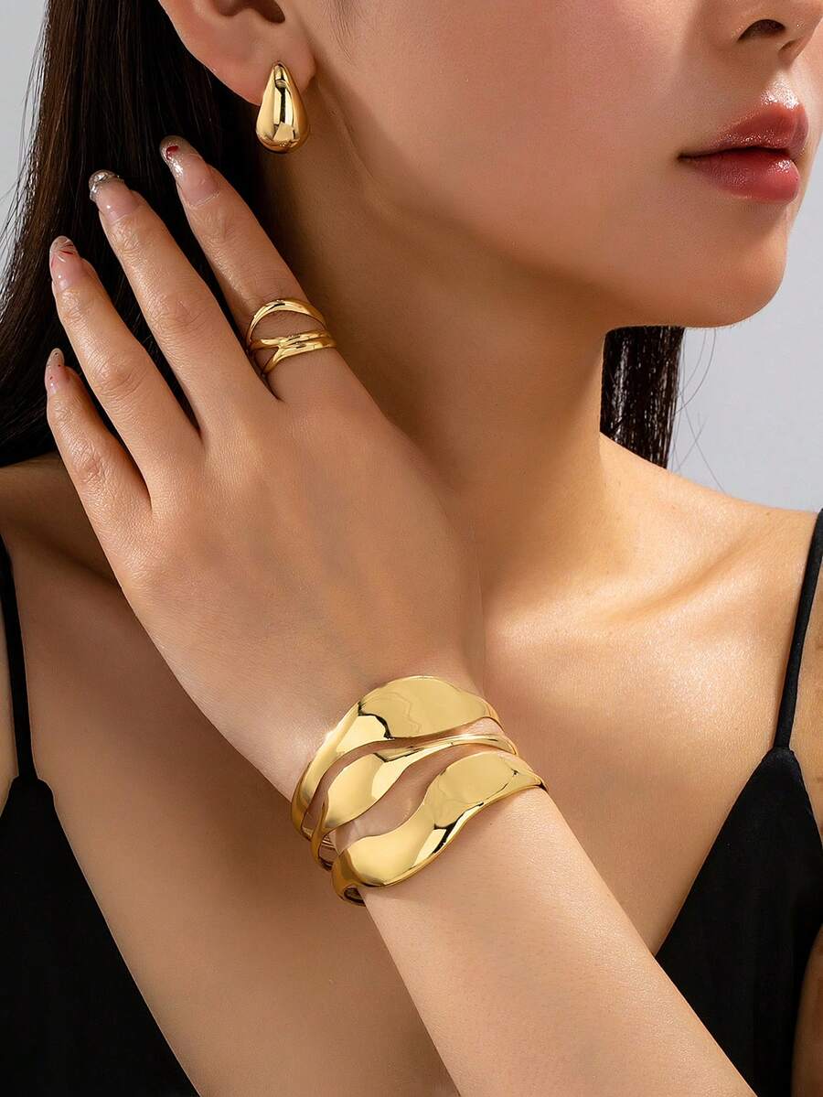 Bộ 4 món trang sức kim loại thời trang hình giọt nước rỗng, gồm nhẫn, vòng tay và bông tai, dành cho nữ. - Vàng - Xem 1