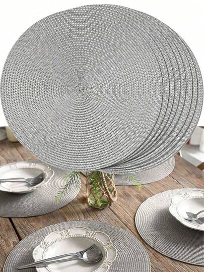 4/6 件装浅灰色手工编织 PP 餐垫，圆形编织餐垫，隔热垫，装饰垫，畅销产品，多种颜色可选，桌垫，抗皱餐垫，适用于生日、圣诞节、乔迁、庆典、节日派对、家庭聚会等各种场合。
