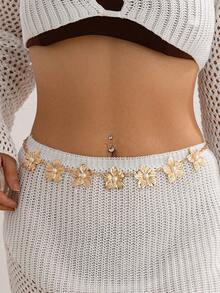 1 pieza Cadena elegante de cintura con flores de perlas falsas, accesorio sexy de cadena para el Body en la playa, adecuado para uso diario, fiesta, vacaciones - Dorado - Ver 1