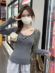 Grey Sexy Chic Crop Top With Bowknot Collar Cutout, Fitted Waist Design, Long Sleeve Sweater For Weekend Casual Wear - Dark Gray - View 3