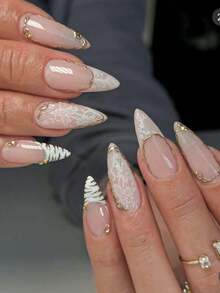 10片手工美甲贴纸，短指甲设计，假指甲，法式美甲贴片，黑色波点元素，3D粉色蝴蝶结装饰，透明裸粉色，乳白色蕾丝图案，法式金色饰边 - 白色 - 查看 1