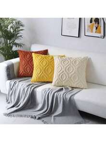 1 pieza Funda de cojín decorativa con bordado de patrón geométrico estilo marroquí, de felpa suave y lana sintética, adecuada para primavera y otoño, para el hogar, sofá, dormitorio y silla - Amarillo - Ver 5