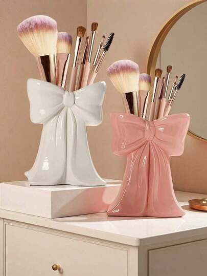 1pc Cute Bow Design Makeup Brush Holder, Decorative Cosmetic Storage Organizer Solution For Vanity, Suitable For Women And Girls