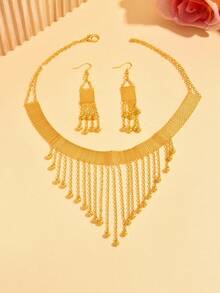 Middle Eastern Popular Bridal Necklace And Earring Set, Double-Layer Pendant, Hollow Pattern Engraved Gold-Plated Metal Jewelry Combination, Traditional Algerian Jewelry - TL001 - View 5
