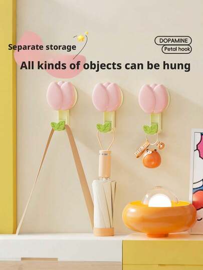 吸盘式郁金香毛巾挂钩，免钻孔真空吸附设计，粘贴式壁挂挂钩，适用于厨房和浴室，强力承重真空吸盘，可用作毛巾架，安装简便不伤墙面，时尚实用。