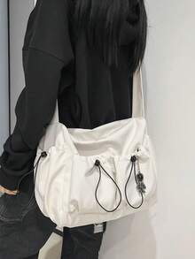 Women's Large Capacity Crossbody Bag With Pendant, Unisex Multi-Pocket Drawstring Waterproof Nylon Shoulder Bag - Beige - View 5