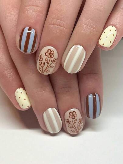 24pcs/Set Short Square Minimalist Nail Stickers, Includes Gel Polish & Nail File, Suitable For Daily Wear, Office, Afternoon Tea, Party - Featuring Stripe, Polka Dot, Floral Patterns In Neutral Tones