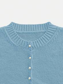 Round Neck Solid Color Pearl Button Short Sleeve Casual Versatile Knit Cardigan, Loose Fit, Suitable For Daily Wear Spring - Pastel Blue - View 9