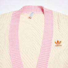 Adidas 女款寬鬆針織開襟外套，休閒百搭拼色運動風外衣，春秋款，IK7495 - 米白/粉紅色/橘色 - 查看 2