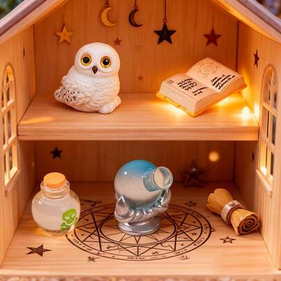 5件套迷你风景魔法书、药水瓶、卷轴、药水架、猫头鹰迷你模型 - 娃娃屋装饰魔法套装、DIY娃娃屋装饰配件、小型桌面摆件