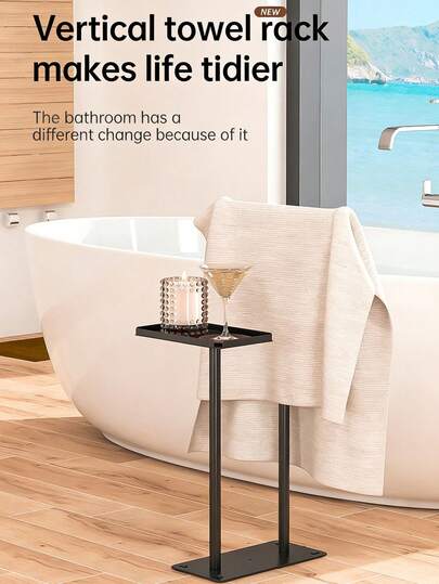 1 pieza Estante de secado, Toallero de acero al carbono de 2 niveles independiente, Soporte para toallas sin taladrar para el piso, Estante de secado de metal negro para baño, bañera, tocador, Bandeja lateral opcional para velas, artículos de tocador, Diseño de base estable