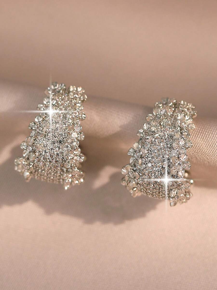 1 Pair Luxury C-Shape Floral Cubic Zirconia Stud Earrings, French Retro Wedding Earrings, Suitable For Women's Daily Wear And Various Occasions