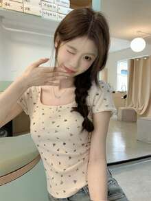 Women's Sweet Floral Ruffle Trim Square Neck Short Sleeve T-Shirt, Summer - Apricot - View 5