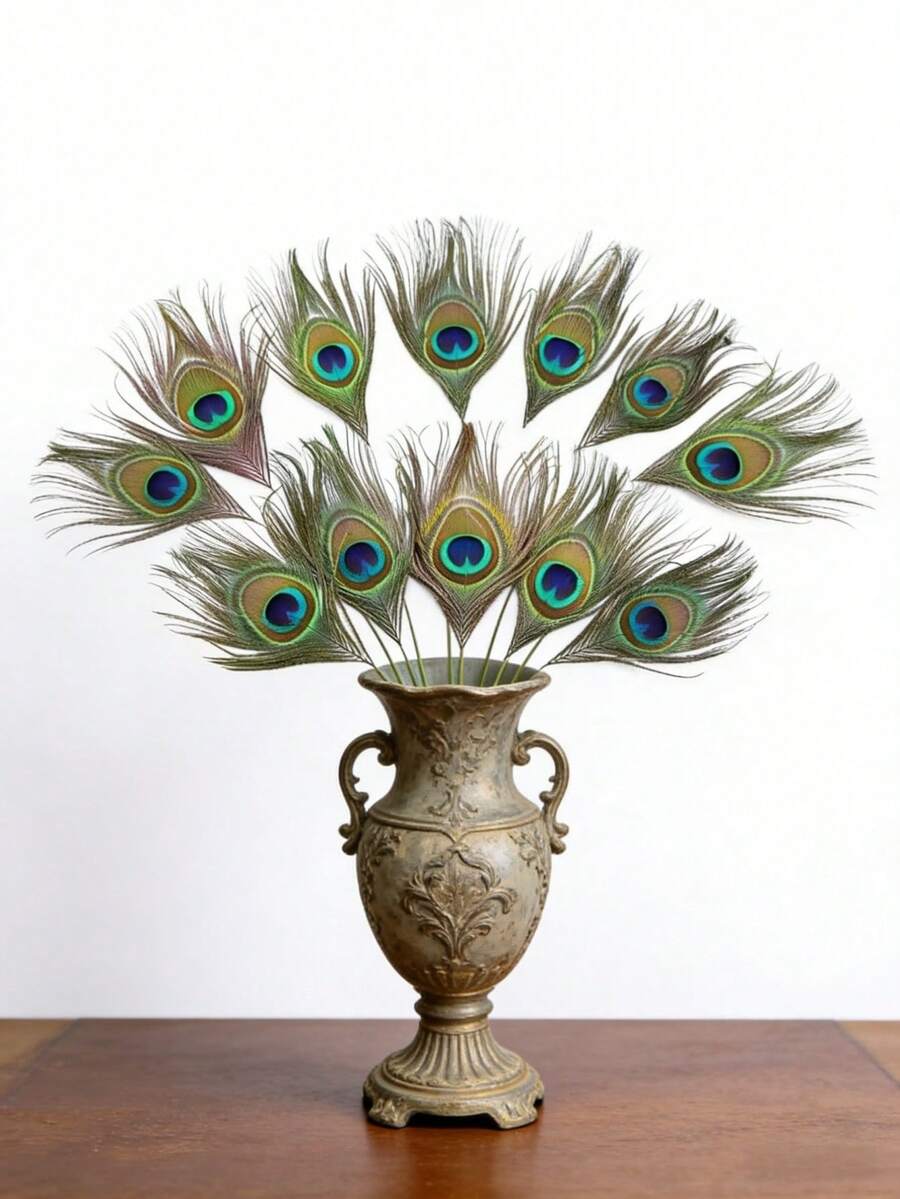 10根天然孔雀羽毛，绿眼，修剪过的孔雀羽毛，适用于DIY工艺品、艺术创作、嘉年华、化装舞会面具、圣诞节发饰、婚礼、节日派对装饰 - 彩色 - 查看 1