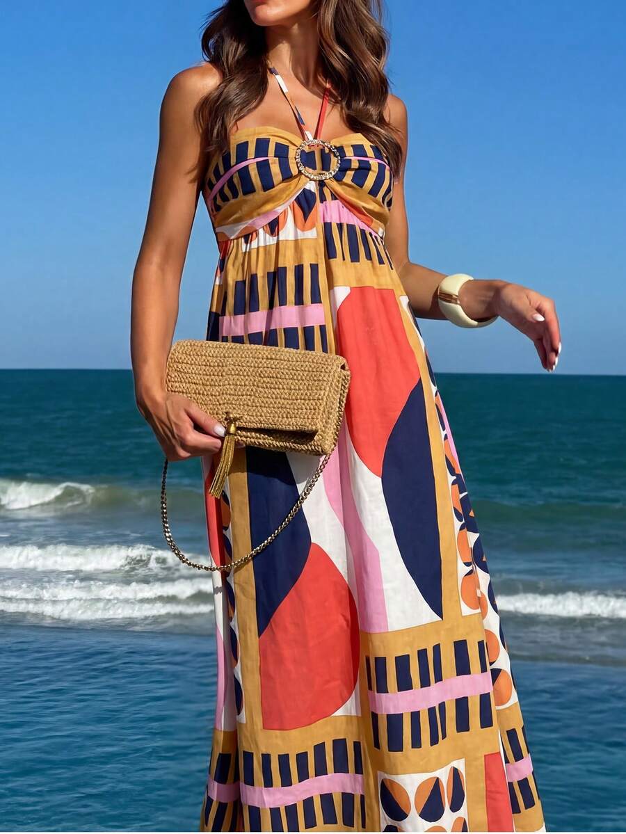 女士休闲复古几何印花吊带连衣裙，高腰喇叭长裙，波西米亚风沙滩度假连衣裙，显瘦沙滩裙，夏季，度假，数码印花亚麻质感优雅派对装 - 彩色 - 查看 1