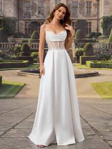 HEARBOBO 别致巴洛克风格返校礼服，高端缎面吊带美人鱼长裙，法式婚纱 - 白色 - 查看 7