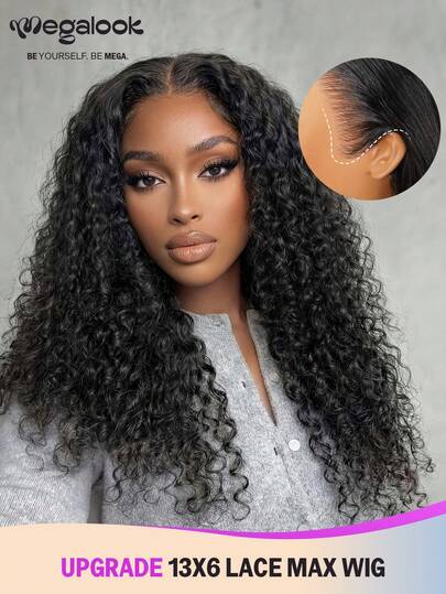 MEGALOOK 13x6 无胶假发，深卷真人发假发，耳到耳蕾丝前额，真人发自然发际线，漂白发结，预剪蕾丝，易于佩戴，卷发造型，带抽绳，180% 密度，自然色，无胶，新手友好型真人发假发，适合女性日常佩戴，办公场合，派对造型，Y2K 酷炫风格，度假装扮，户外角色扮演，校园，学校假期，万圣节氛围，节日庆典。